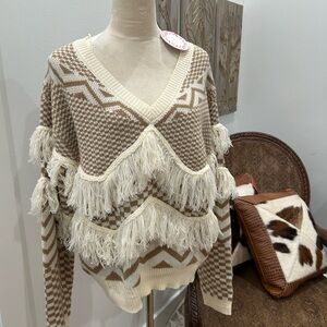 Umgee Fringed Beige and Cream Sweater